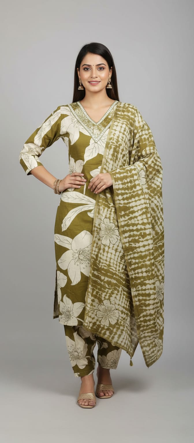 Shree Shanti Selection - Olive Green Printed Straight Suit Set